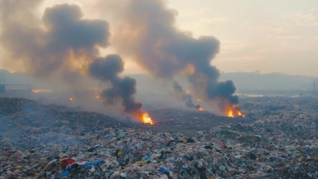 A smoky landfill scene with burning waste, showcasing environmental pollution and degradation