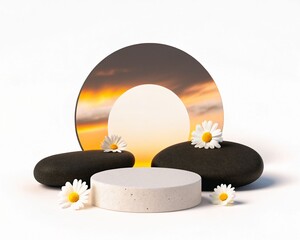 Elegant podium with daisy flowers and zen stones isolated on white background, showcasing a serene and minimalist scene for product display and cosmetic presentation