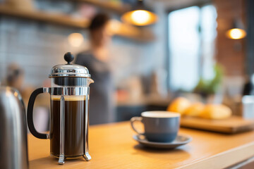 Freshly brewed coffee and pastries in a cozy kitchen setting at sunrise hour