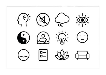 Mental Clarity Icons. Outline icon set of mental clarity and focus: clear mind icon, no-distraction badge,