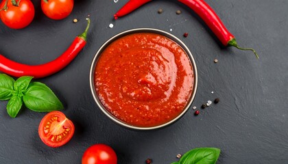 Red tomato sauce in a bowl with herbs and peppers.