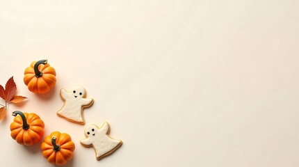 Perfectly carved mini pumpkins, a single sprig of autumn leaves, and a ghost-shaped sugar cookie are simple and elegant Halloween items