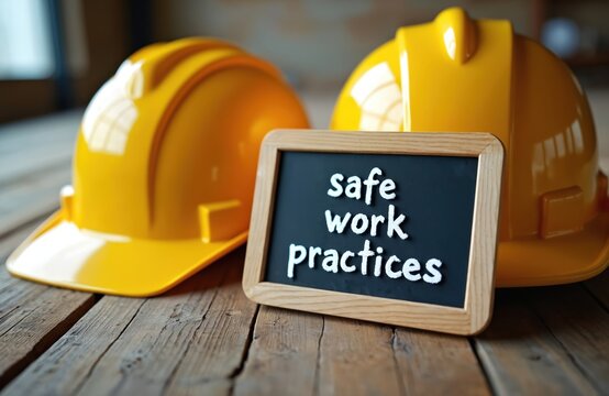Yellow hard hats and a blackboard with safe work practices text placed on a wooden surface. Essential construction safety equipment and workplace guidance for industry professionals and training.