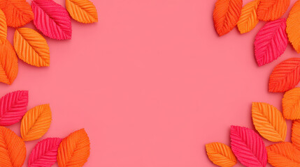 Obraz premium Bright colorful autumn leaves frame clean pink background with symmetrical arrangement creating cheerful seasonal banner design
