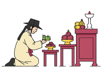 Naklejka premium A traditional Korean man performs Chuseok rites, offering fruit and food. A serene scene of Korean culture and heritage. Clean, minimalist illustration style.