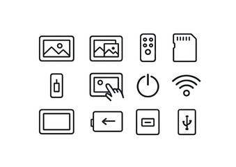 Digital Frame Icons. Outline icon set of digital photo frames: photo display, slideshow icon, remote control,