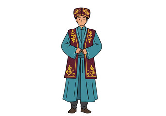 An Uzbek man in traditional attire stands gracefully. Vibrant colors and intricate embroidery showcase cultural heritage. Ideal for travel, culture, and heritage themes.