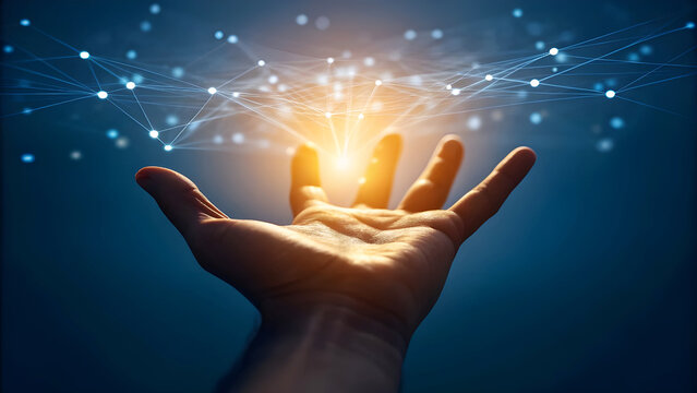 Futuristic technology hand glowing with digital data network and light energy concept