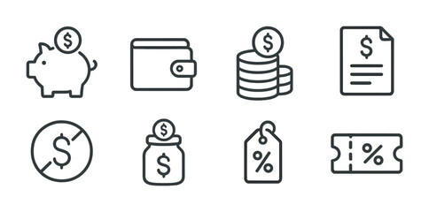 Budgeting Icons Set. Outline icon set of saving and budgeting: piggy bank, wallet, coin stack, budget list,