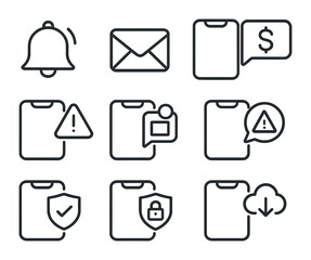 Mobile Banking Icons. Outline icon set of mobile banking notifications: alert bell, message icon, transaction