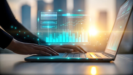 Modern business person analyzing glowing digital charts on a laptop screen with futuristic interface.
