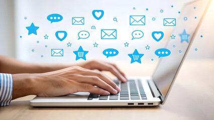 Hands typing on a laptop surrounded by glowing digital social media icons and futuristic technology elements