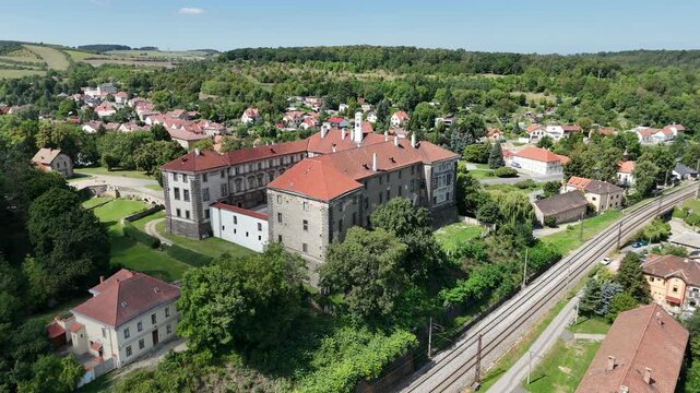 Drone aerial view of Nelahozeves Renaissance castle, Czech Republic