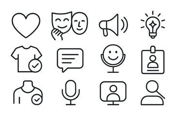 Icons of Self-Expression. Outline vector icons of self-expression and authenticity: open heart, mask removed,