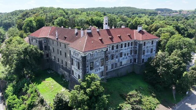 Drone aerial view of Nelahozeves Renaissance castle, Czech Republic