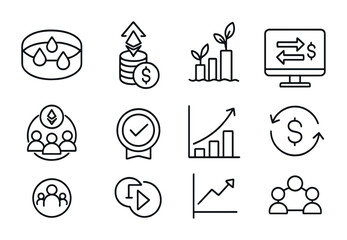 DeFi Icons Grid. Outline vector icons of decentralized finance (DeFi): liquidity pool, staking icon, yield