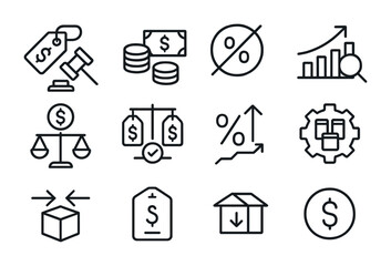 Fototapeta premium Anti-Inflation Icons Grid. Outline vector icons of anti-inflation measures: price control, monetary tightening