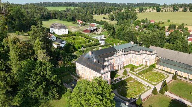 Aerial drone view of Nov&eacute; Hrady Baroque castle, Czech Republic