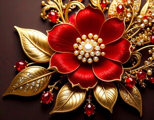 Exquisite gold and red floral brooch