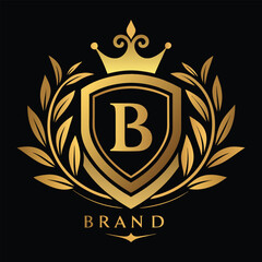 Elegant golden heraldic shield emblem with laurel wreath and royal crown featuring a prominent letter b and the word brand © LailaArtworks