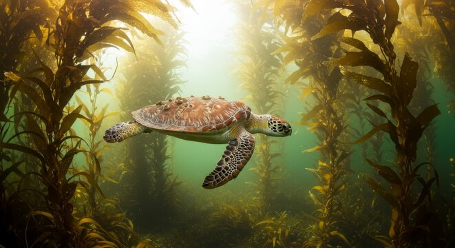 Majestic Sea Turtle Glides Through a Sunlit Kelp Forest Sanctuary, Bathed in Ethereal Golden Light. - Powered by Adobe
