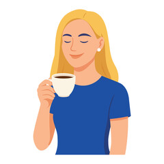 Flat vector illustration of a stylish blonde woman drinking coffee. Creative female character in a blue shirt, minimal design, isolated on white background. Ideal for lifestyle, coffee break, morning 