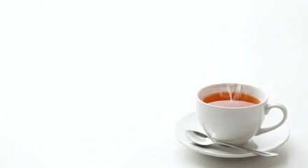 Obraz premium Minimalist tea cup with steaming brew and ample copy space on a bright background
