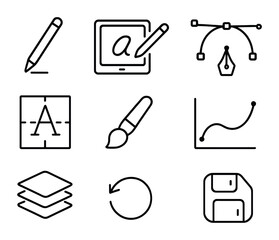 Digital Calligraphy Icons. Outline icon set of digital calligraphy setup: stylus pen, tablet screen, vector