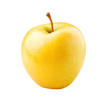 A gleaming yellow apple with a small brown stem showcasing its smooth skin and fresh healthy appearance
