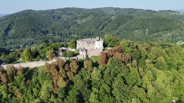 Aerial drone view of Hukvaldy Castle ruins, Czech Republic