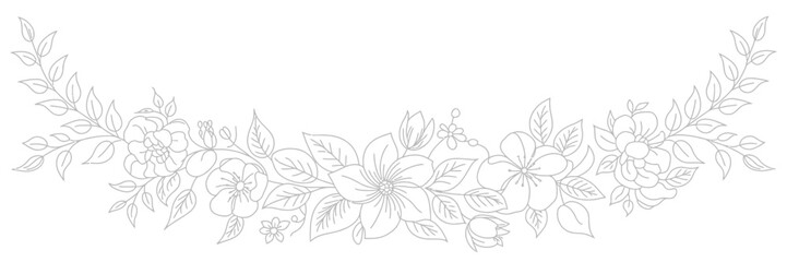 Fototapeta premium A delicate floral arrangement featuring outlined blossoms and leaves in a symmetrical curved design on white