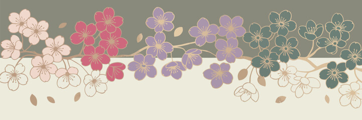 Obraz premium A floral arrangement featuring pink red purple and green flowers on branches against a two tone background