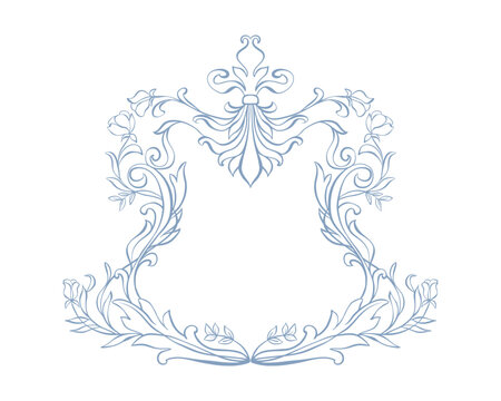 Vintage crest, or wedding baroque frame. Classic Victorian frame for wedding invitation, card, cover, save the date, monogram frame. Vintage frame with floral decor. Hand drawn elegant antique crest.