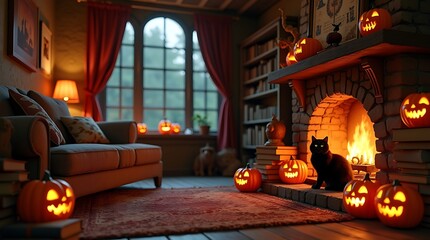 A witch's cottage interior is the subject of a cozy, warm-toned, high-quality photorealistic image