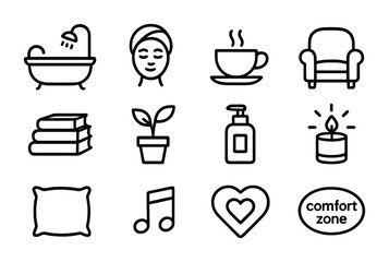 Self-Care Icon Set. Outline icon set of self-care for sober living: bath icon, face mask, tea cup, cozy chair,