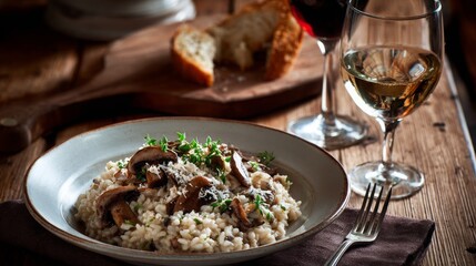 gourmet mushroom risotto, food photography, 16:9