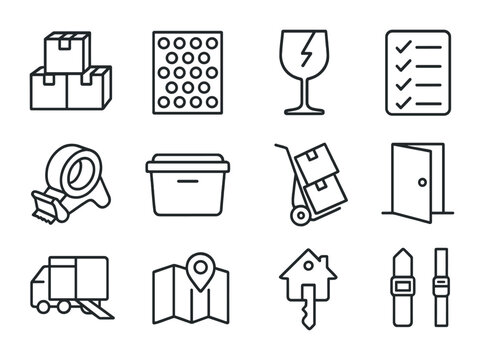 Home Relocation Icons. Outline icon set of home relocation: moving boxes, bubble wrap, fragile label,