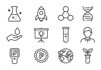 Alt-Protein Startup Icons. Outline icon set of alt-protein startups: innovation flask, startup rocket, pea