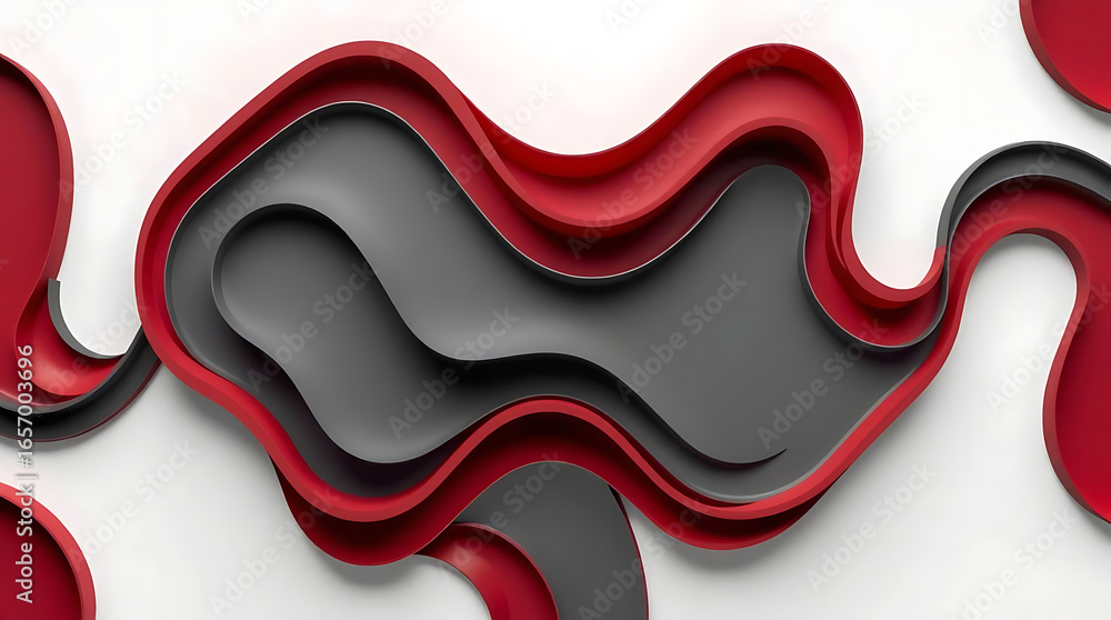 Poster abstract 3d render of red and black wavy shapes on a white background, creating a modern and decorat