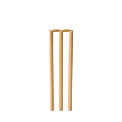 A vibrant studio photograph of a classic wooden cricket wicket with three stumps and bails, fully visible and perfectly isolated on transparent background.