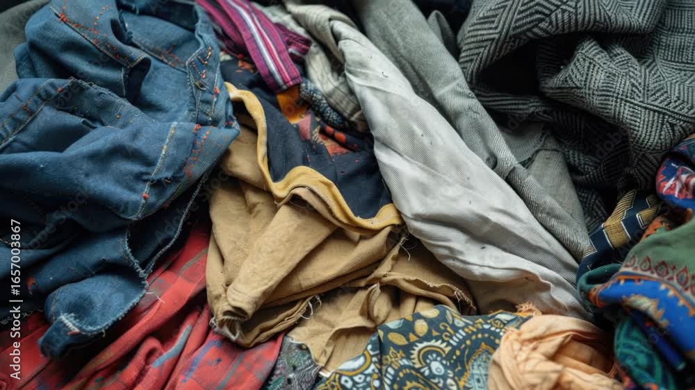 Poster a collection of clothes stacked on a flat surface, potentially for storage or sorting