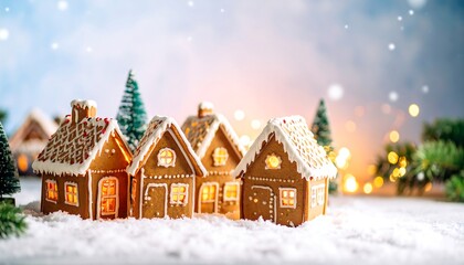 Fototapeta premium A charming village of gingerbread houses, adorned with icing, sits nestled in a snowy landscape, bathed in warm, festive light.