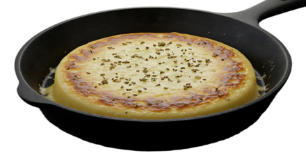 A cast iron skillet with a savory cheese and herb quiche or frittata inside on transparent background