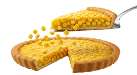 A slice of corn pie being lifted from a whole pie on a fork on transparent background