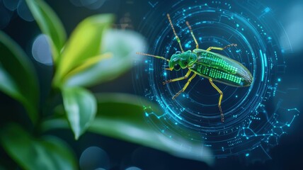 A vibrant, digital illustration of a green beetle surrounded by futuristic graphics, with a focus on nature and technology.