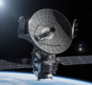 The image shows a satellite equipped with Synthetic Aperture Radar (SAR). SAR is an active remote sensing technology that uses radar waves to produce high-resolution images of the Earth's surface.