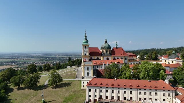 Drone aerial view of Svat&yacute; Kopeček Basilica, Olomouc, Czech Republic