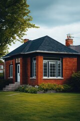 Obraz premium Beautiful brick house with large windows and lush greenery in a quiet neighborhood during a cloudy day in the late afternoon