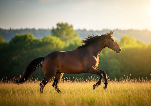 Majestic brown horse galloping through a sunlit meadow - Powered by Adobe