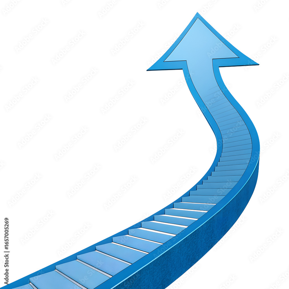 Poster a bright blue upward curving arrow representing progress and growth isolated on transparent backgrou